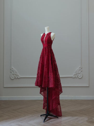 Niulatu High Low Burgundy Sequin Long Prom Dresses Evening Gowns S3840